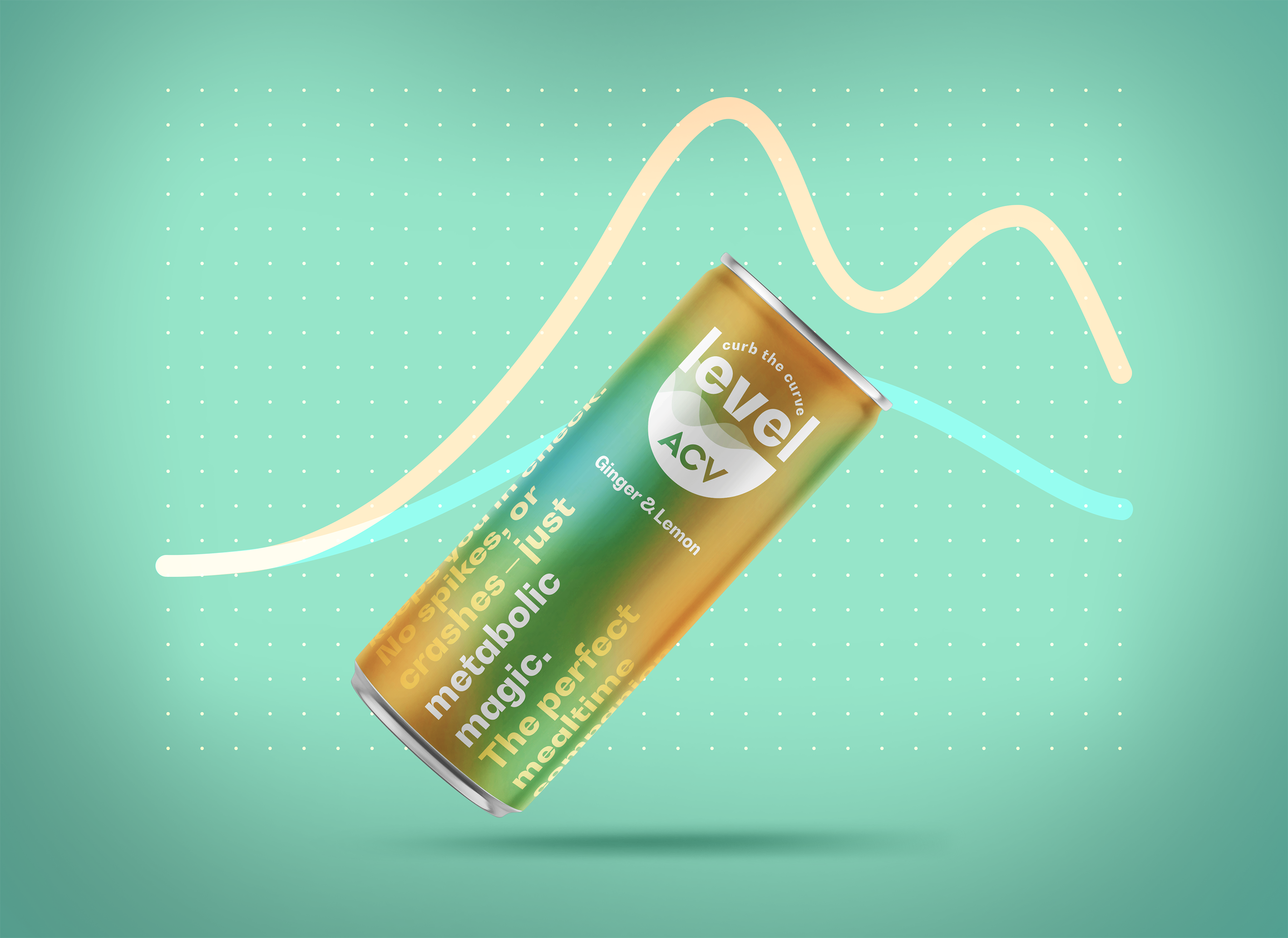 A can of Level ACV in front of a glucose graph